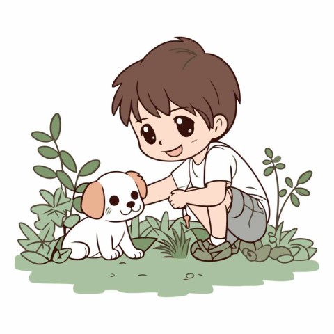 cute boy playing with dog in the garden vector illustration grap