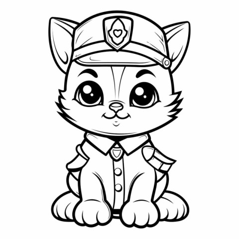 Black and White Cartoon Illustration of Cute Cat Police Officer