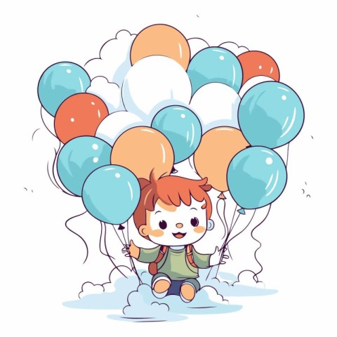 cute little boy with balloons helium in the clouds vector illust