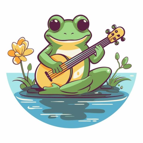 Frog playing guitar on the river. Cute cartoon vector illustrati