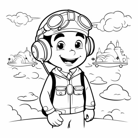 Black and White Cartoon Illustration of Kid Boy Wearing Pilot Co