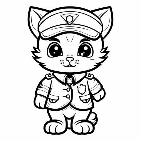 Black and White Cartoon Illustration of Cute Lynx Police Officer