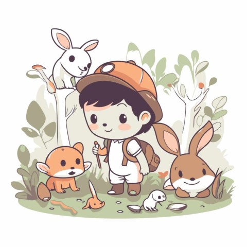 Boy scout with animals in the forest. Cute cartoon vector illust