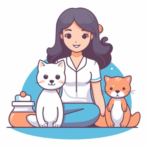 Vector illustration of a woman with cat and dog on a white backg