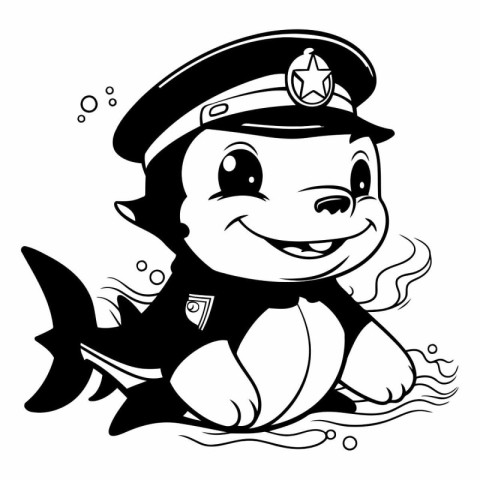 Black and White Cartoon Illustration of Cute Little Shark Police