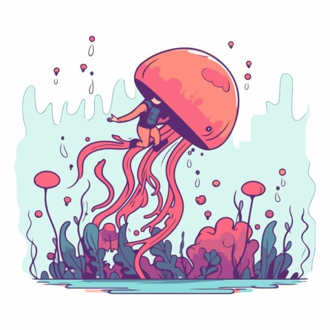 Jellyfish in the sea in doodle style.