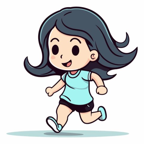 Illustration of a Cute Little Girl Running in a Blue T-shirt