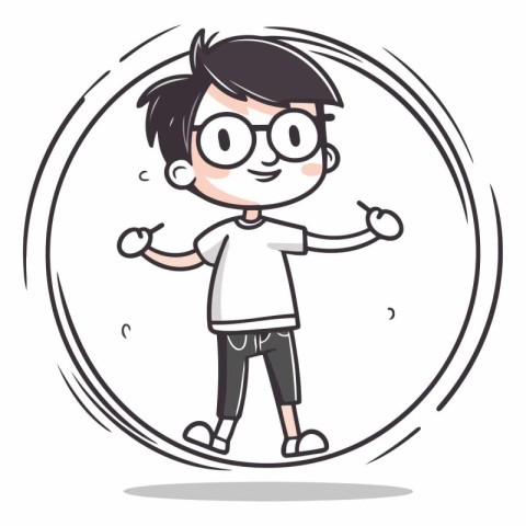 Boy in glasses and white T-shirt in circle.