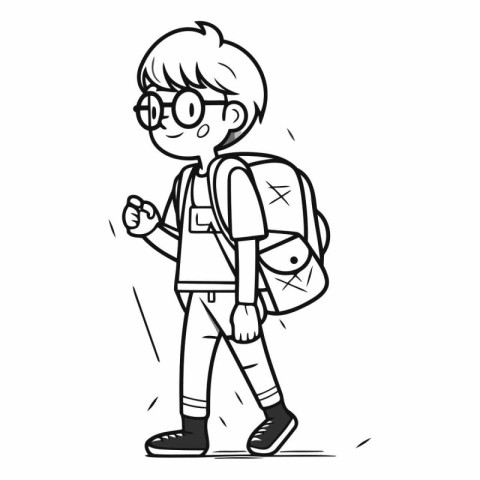 Vector illustration of a boy with backpack and glasses. Cartoon