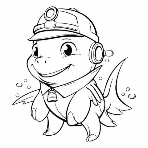 Black and White Cartoon Illustration of Cute Fish Captain Charac