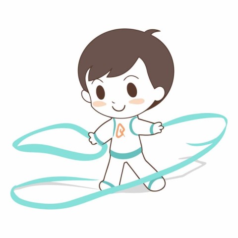 cute boy jumping with ribbon on white background.