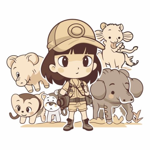 Cute little explorer girl with many wild animals.