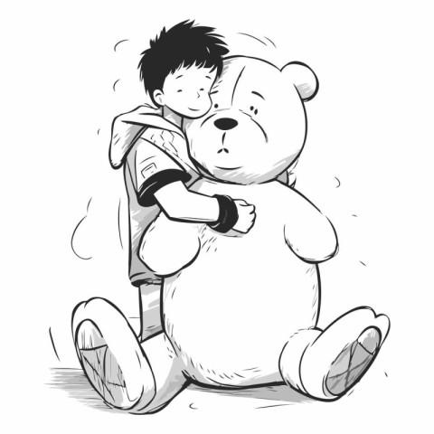 Vector illustration of a boy hugging a big teddy bear on white b