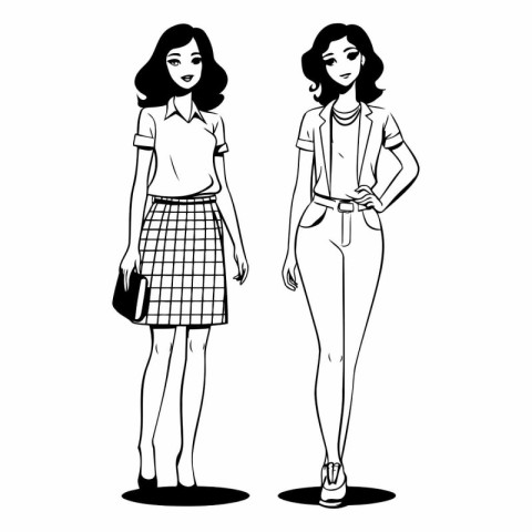 Fashion women in sketch-style. Black and white.