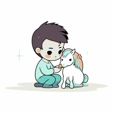 Boy feeding a white horse on a white background.