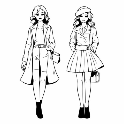 Fashion girls in sketch-style. Girls in winter clothes.