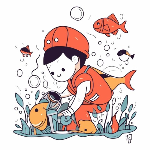 Boy and fish in the sea in cartoon style.