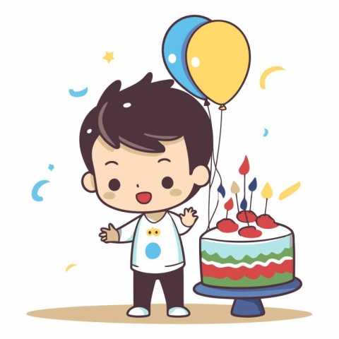 boy with birthday cake and balloon. cute cartoon.