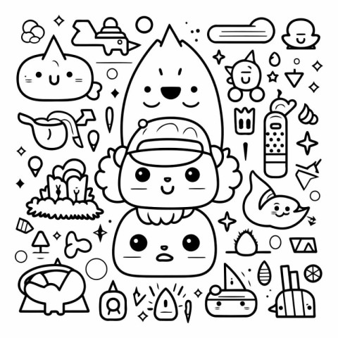 Cute animal doodle set. vector line art illustration.