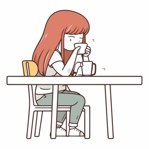 Illustration of a girl sitting at a table and drinking coffee.