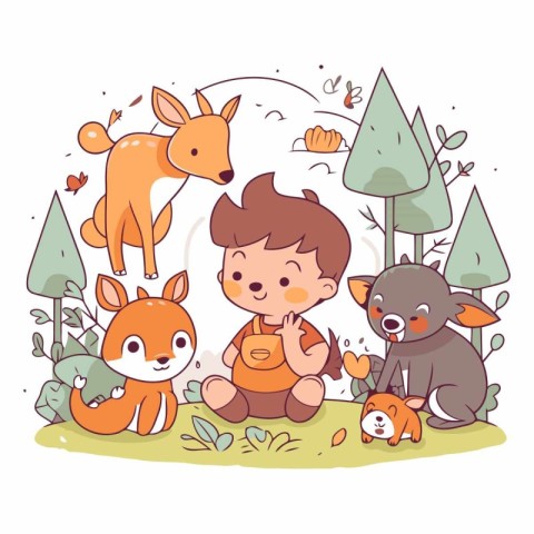 Cute little boy playing with animals in the park