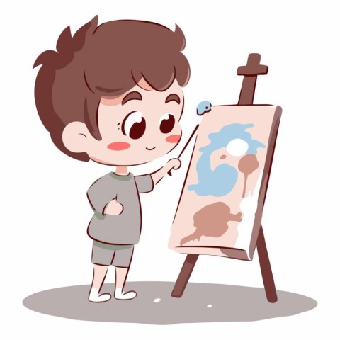 Boy painting a picture on easel. Vector cartoon illustration iso