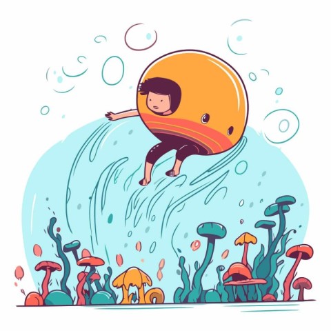 Boy flying on parachute in the sea in cartoon style