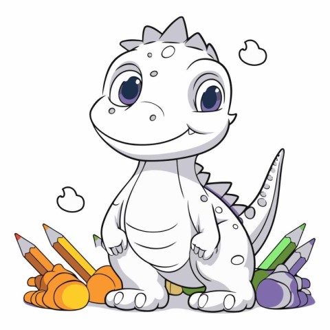 Cute baby dinosaur with a lot of school supplies.