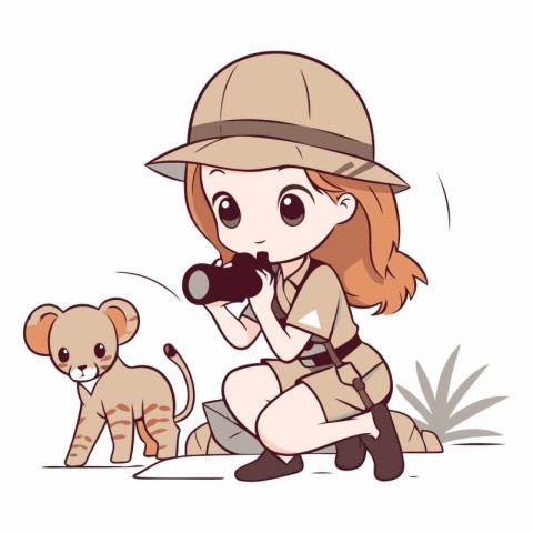 Illustration of a cute girl in safari outfit with binoculars