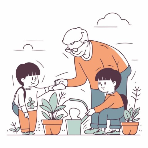 Grandfather and grandson watering plants in the garden.