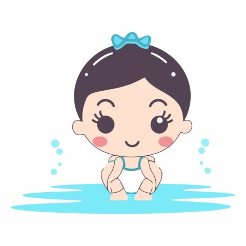 Cute little baby girl in swimming pool. Cartoon vector illustrat