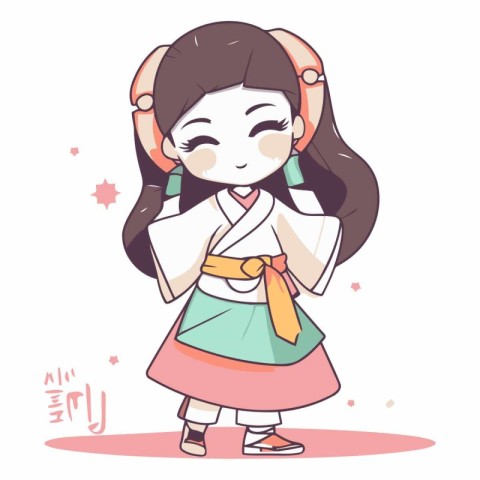 Korean girl in kimono with headphones.