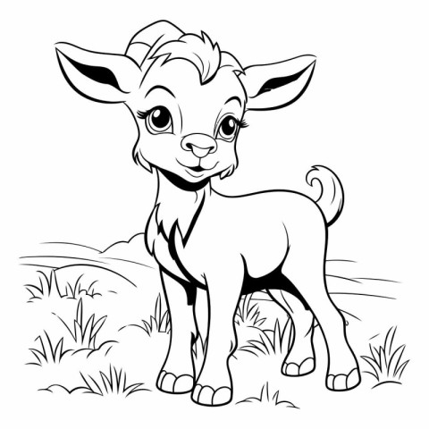 Cute cartoon goat standing in the grass. Coloring book for child