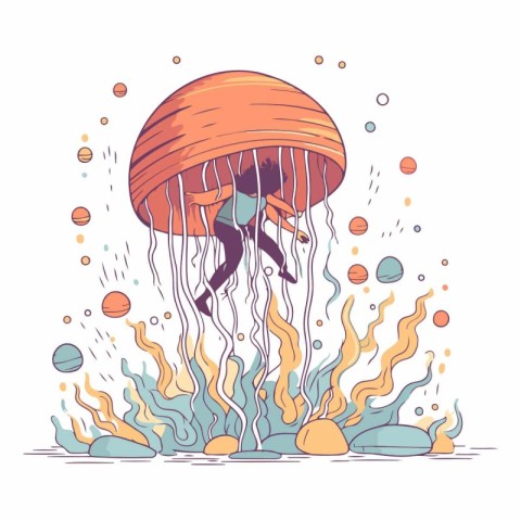 Jellyfish in the ocean. Hand drawn vector illustration in cartoo