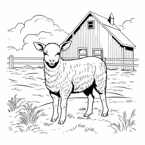 Sheep standing in front of a farm house. black and white vector