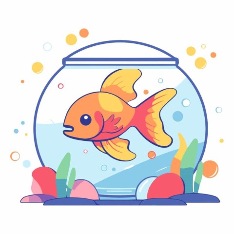 Goldfish in a round aquarium in flat style.