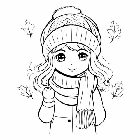 Cute little girl in winter clothes for coloring book.