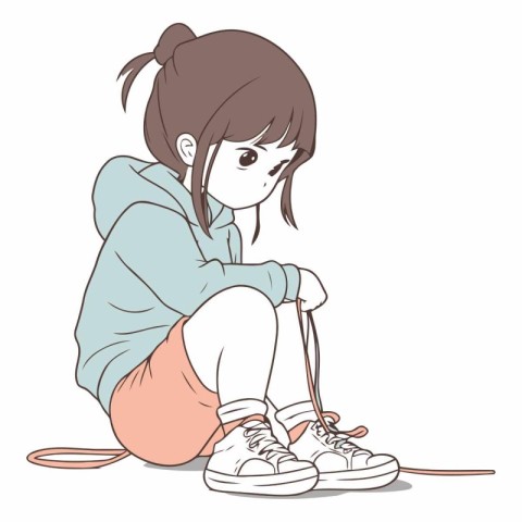 Illustration of a little girl sitting and tying shoelaces.