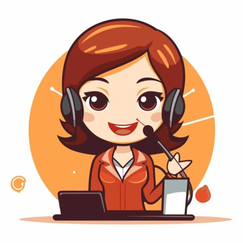 Call center woman with headset and laptop. Vector flat cartoon i