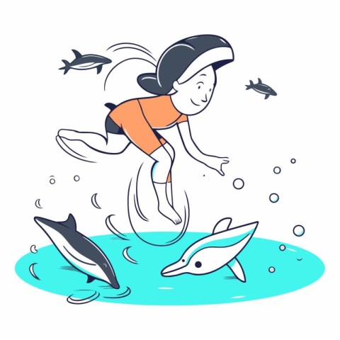 Vector illustration of a little boy jumping with dolphins in the