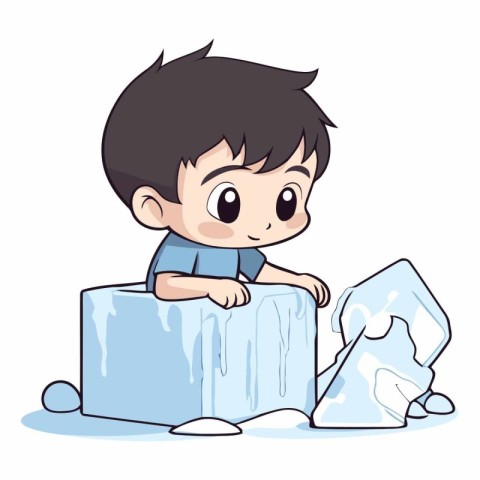 cute little boy sitting on ice cube cartoon vector illustration