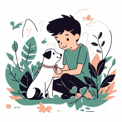 Cute boy and his dog in flat style.