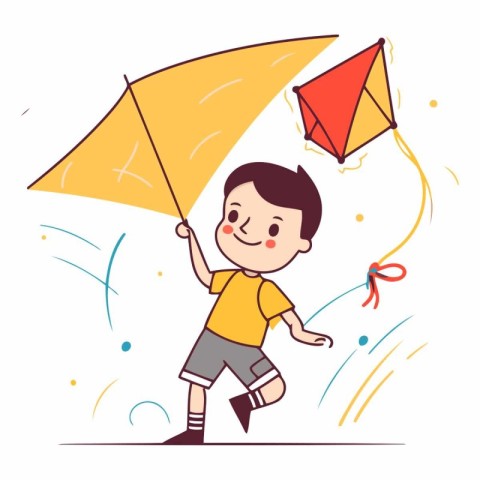 Cute little boy playing with kite. Vector flat cartoon illustrat