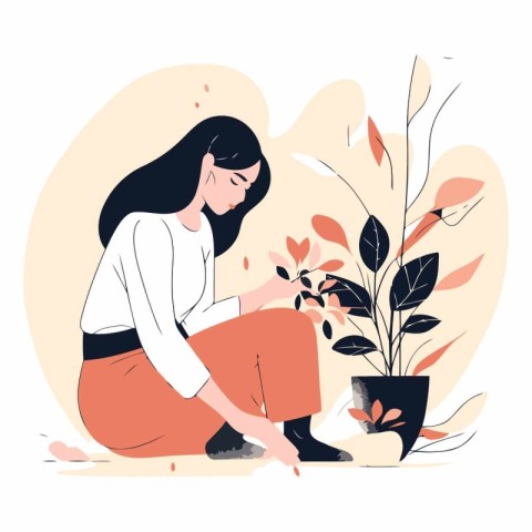 Young woman sitting on the floor and holding a plant.