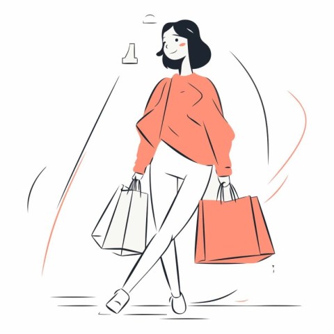 Vector illustration of a young woman with shopping bags in her h