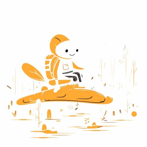 Vector illustration of a cute bee on a snowboard in the forest