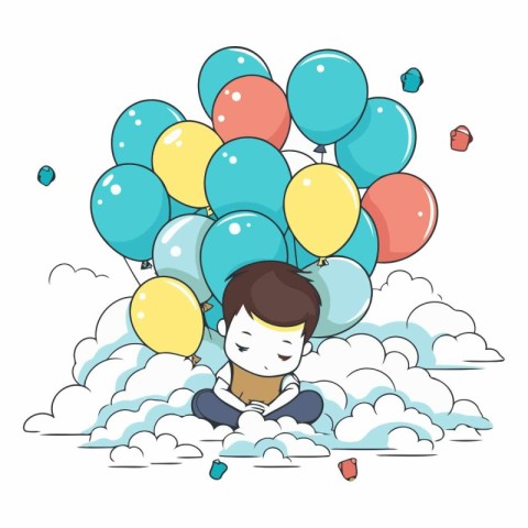 Illustration of a Kid Boy Sitting on the Cloud with Colorful Bal