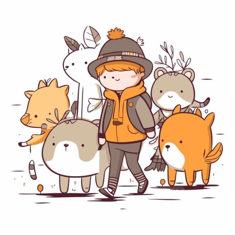 Cute little boy with a group of animals.