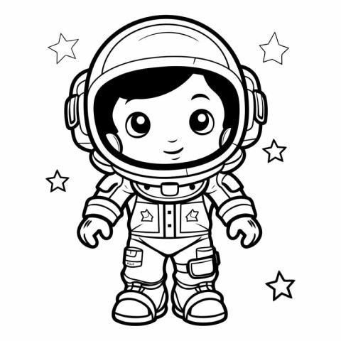 Black and White Cartoon Illustration of Cute Astronaut Boy Chara