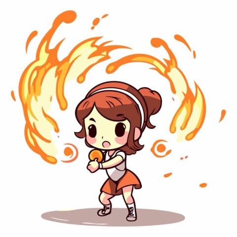 Cartoon vector illustration of a little girl playing with a fire